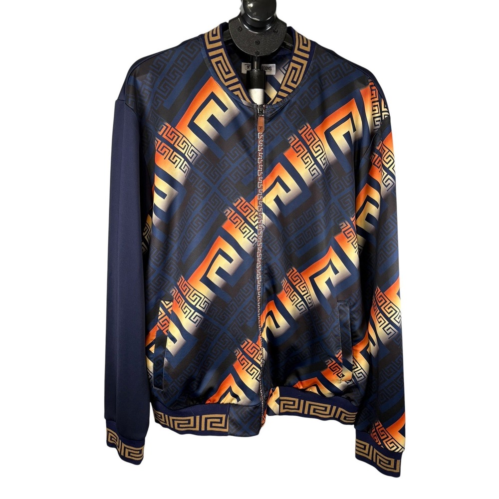 Stacy‎ Adams Mens XXL Bomber Jacket Navy Blue Gold Greek Key Geometric Full Zip